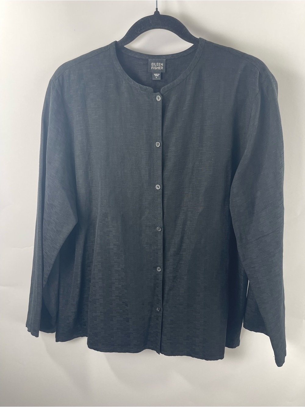 Eileen Fisher Women Black Textured Silk Linen Blend Button Front Large Cardigan